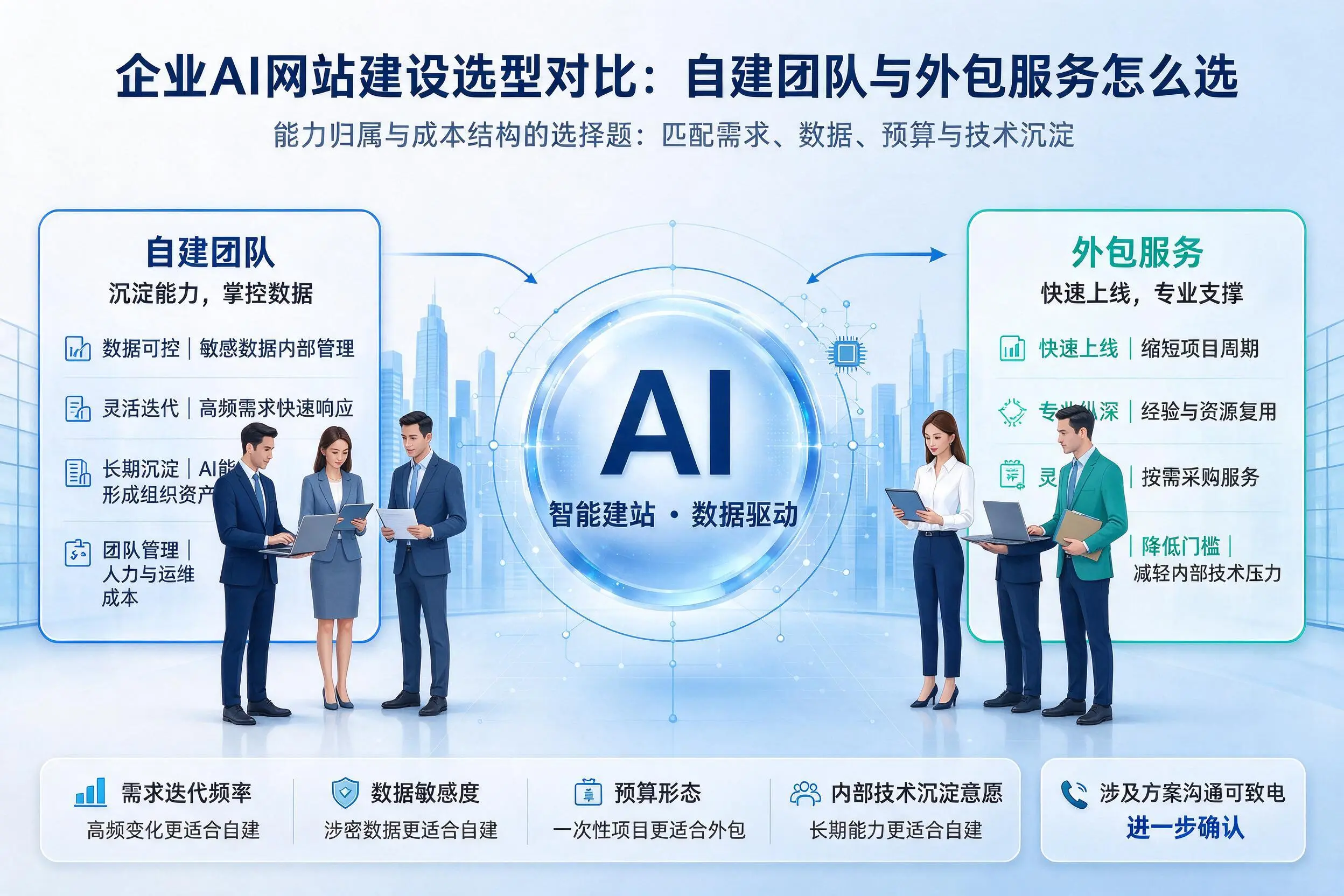 大连企业AI网站建设选型对比：自建团队与外包服务怎么选
